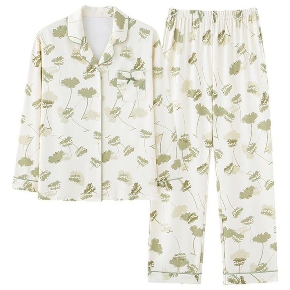 Women's Cream Pajama Set with Sage Floral Print